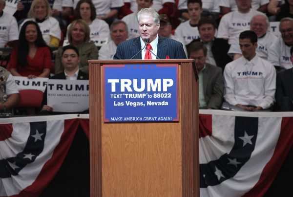 Wayne Allyn Root speaking with supporters of Donald Trump at a campaign rally at the South Point Arena in Las Vegas, Nevada.